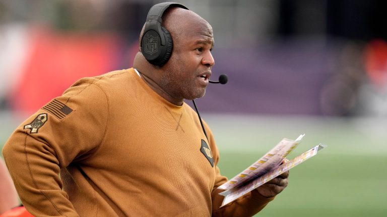 Washington Commanders offensive coordinator Eric Bieniemy watches from the sideline in the second half of an NFL football game against the New England Patriots, Sunday, Nov. 5, 2023, in Foxborough, Mass. (AP Photo/Charles Krupa)