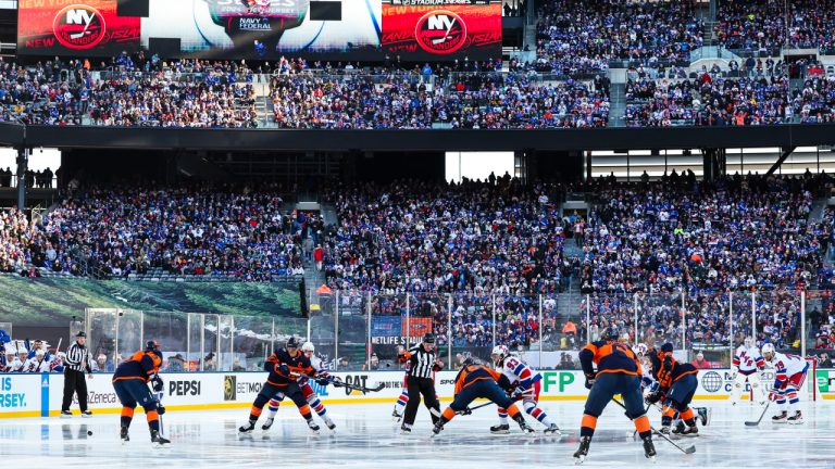 EAST RUTHERFORD, NJ - FEBRUARY 18: Puck drop prior to the game between the New York Rangers against the New York Islanders during the 2024 Navy Federal Credit Union NHL Stadium Series at MetLife Stadium on February 18, 2024 in East Rutherford, New Jersey. (Photo by Jared Silber/NHLI via Getty Images)