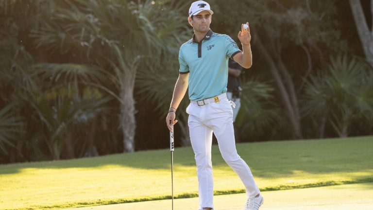 Captain Joaquín Niemann of Torque GC waves after putting on the first green during the first round of the LIV Golf Mayakoba at the El Camaleón Golf Course on Friday, Febb. 2, 2024 in Playa del Carmen, Mexico. (LIV Golf via AP)