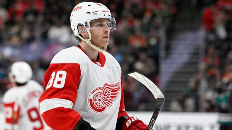 Detroit Red Wings right wing Patrick Kane skates on the ice during the second period of an NHL hockey game against the Anaheim Ducks in Anaheim, Calif., Sunday, Jan. 7, 2024. (Alex Gallardo/AP Photo)