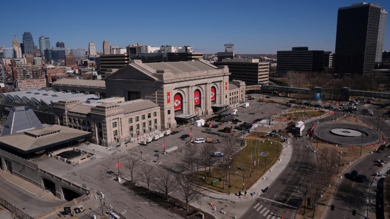 Workers clean up outside of Union Station Thursday, Feb. 15, 2024 in Kansas City, Mo. The venue was the site of a mass shooting Wednesday, Feb. 14, after a rally celebrating the Kansas City Chiefs winning the NFL Super Bowl 58 football game. (Charlie Riedel/AP)