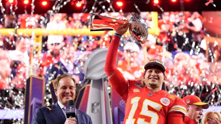 Kansas City Chiefs quarterback Patrick Mahomes holds the Vince Lombardi Trophy after the NFL Super Bowl 58 football game against the San Francisco 49ers Sunday, Feb. 11, 2024, in Las Vegas. The Kansas City Chiefs won 25-22 against the San Francisco 49ers. (Ashley Landis/AP)