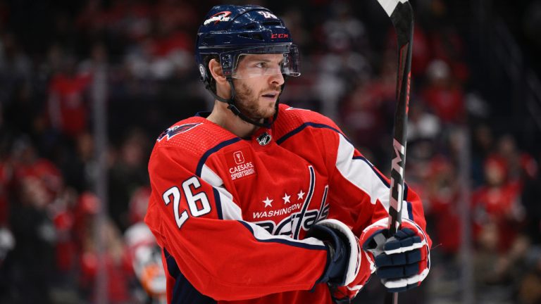 Washington Capitals right wing Nic Dowd (26) looks on during the second period of an NHL hockey game against the St. Louis Blues, Thursday, Jan. 18, 2024, in Washington. (Nick Wass/AP)