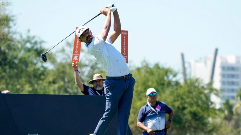 Erik van Rooyen, of South Africa, watches his tee shot on the second hole during the first round of the Mexico Open golf tournament in Puerto Vallarta, Mexico, Thursday, Feb. 22, 2024. (Fernando Llano/AP Photo)