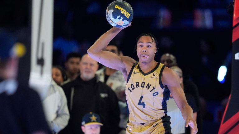 Toronto Raptors' Scottie Barnes throws a pass during the skills challenge at the NBA basketball All-Star weekend, Saturday, Feb. 17, 2024, in Indianapolis. (Darron Cummings/AP Photo)