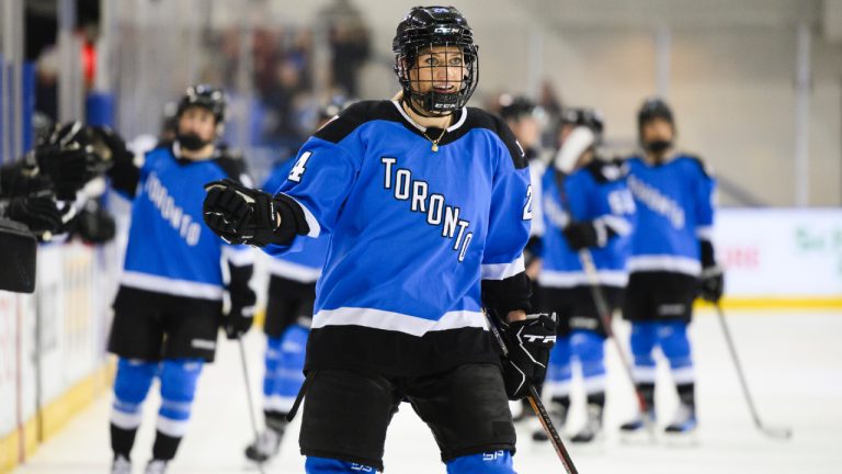 Toronto forward Natalie Spooner (24) celebrates with teammates after scoring against Minnesota during first period PWHL hockey action in Toronto on Saturday, Feb. 3, 2024. (Christopher Katsarov/CP)