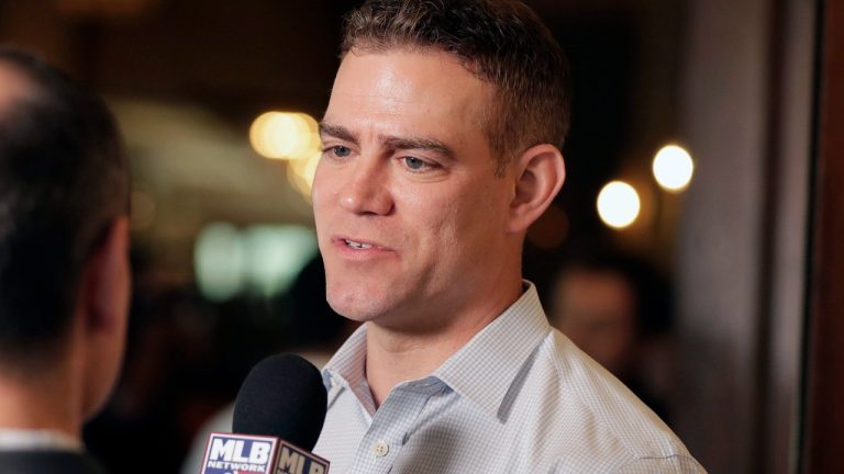Chicago Cubs president of baseball operations Theo Epstein speaks at a media availability during the Major League Baseball general managers annual meetings, Wednesday, Nov. 13, 2019, in Scottsdale, Ariz. (AP Photo/Matt York)
