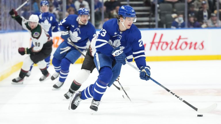 Toronto Maple Leafs' Matthew Knies brings the puck forward against the Arizona Coyotes during second period NHL hockey action in Toronto, on Thursday, February 29, 2024. (Chris Young/CP)