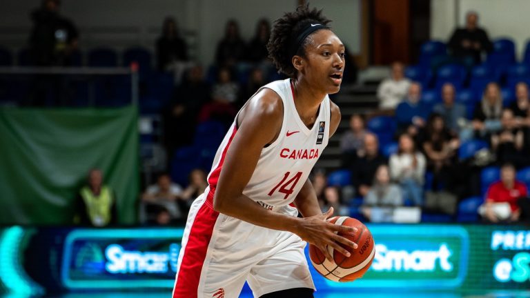 Kayla Alexander in action during Canada's game against Spain in February. (@Canbball/X)