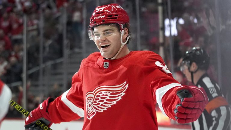 Detroit Red Wings right wing Alex DeBrincat (93) celebrates his goal against the St. Louis Blues in the first period of an NHL hockey game Saturday, Feb. 24, 2024, in Detroit. (Paul Sancya/AP)