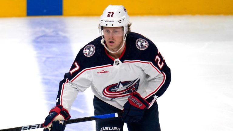 Columbus Blue Jackets' Adam Boqvist skates during the first period of a preseason NHL hockey game against the Pittsburgh Penguins in Pittsburgh, Sunday, Sept. 24, 2023. (Gene J. Puskar/AP Photo)