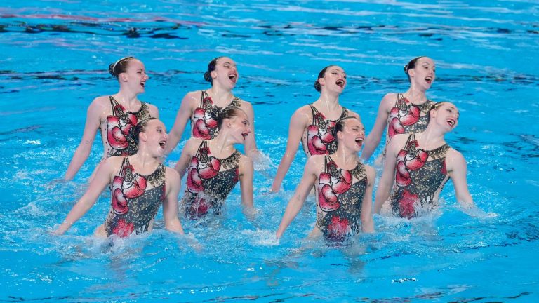 Canada team compete in the mixed team free final of artistic swimming at the World Aquatics Championships in Doha, Qatar, Friday, Feb. 9, 2024. (Lee Jin-man/AP)