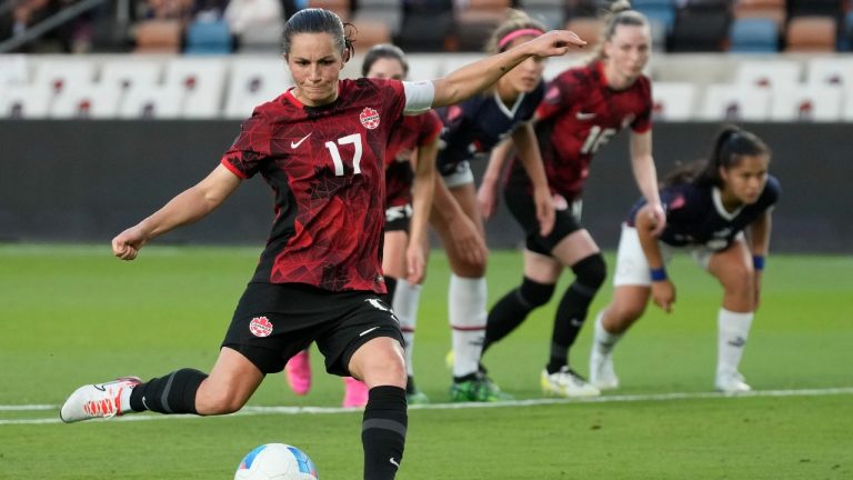 Canada midfielder Jessie Fleming (17) takes a penalty kick but the ball hits the post during stoppage time during the second half of the CONCACAF W Gold Cup match against Paraguay, Sunday, Feb. 25, 2024 at Shell Energy Stadium in Houston. (Yi-Chin Lee/Houston Chronicle via AP)