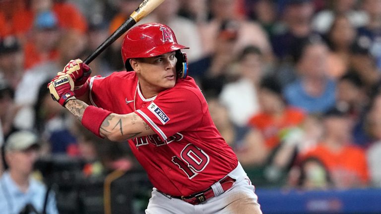 Los Angeles Angels' Gio Urshela bats against the Houston Astros during the eighth inning of a baseball game Sunday, June 4, 2023, in Houston. (David J. Phillip/AP)