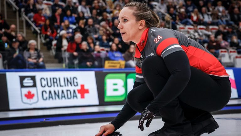 Team Ontario–Homan skip Rachel Homan watches her shot as they play Team Manitoba-Jones in Page playoffs at the Scotties Tournament of Hearts in Calgary, Saturday, Feb. 24, 2024. (Jeff McIntosh/CP)
