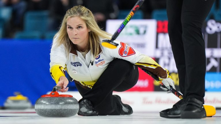 Manitoba skip Jennifer Jones delivers a rock while playing Team Canada during the final at the Scotties Tournament of Hearts, in Kamloops, B.C., on Sunday, February 26, 2023. (Darryl Dyck/CP)