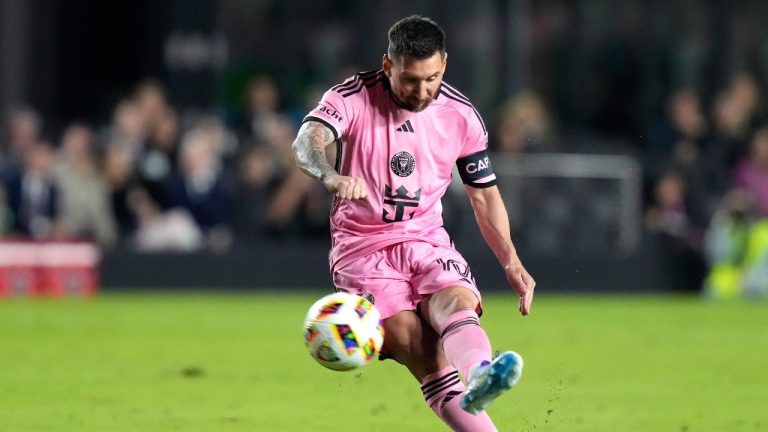 Inter Miami forward Lionel Messi takes a free kick during the first half of the team's MLS soccer match against Real Salt Lake, Wednesday, Feb. 21, 2024, in Fort Lauderdale, Fla. (Lynne Sladky/AP)