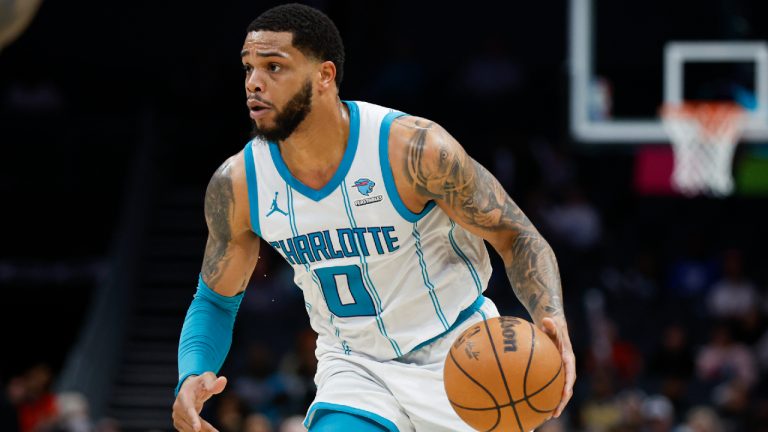Charlotte Hornets forward Miles Bridges runs the offense against the Toronto Raptors during the second half of an NBA basketball game in Charlotte, N.C., Wednesday, Feb. 7, 2024. (Nell Redmond/AP)