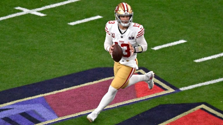 San Francisco 49ers quarterback Brock Purdy (13) looks to pass against the Kansas City Chiefs during the first half of the NFL Super Bowl 58 football game Sunday, Feb. 11, 2024, in Las Vegas. (David Becker/AP Photo)