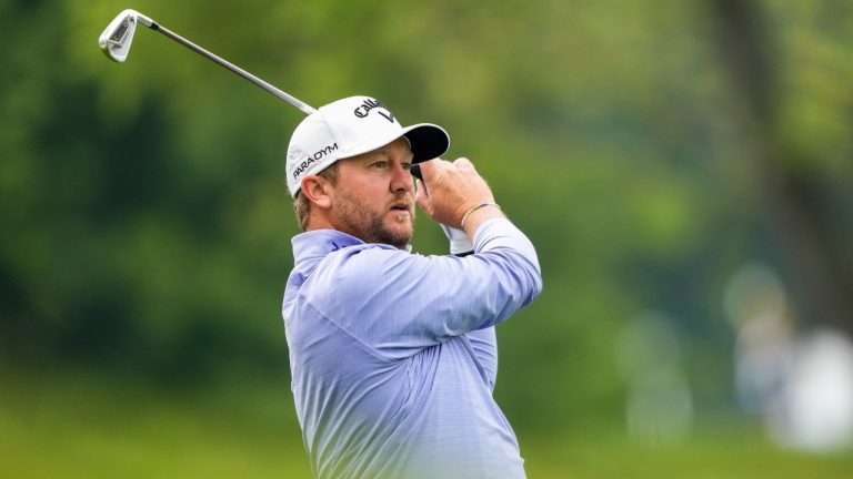 Brice Garnett hits a shot from the fairway on the fourth hole during the first round of the Canadian Open in Toronto on Thursday, June 8, 2023. THE CANADIAN PRESS/Andrew Lahodynskyj
