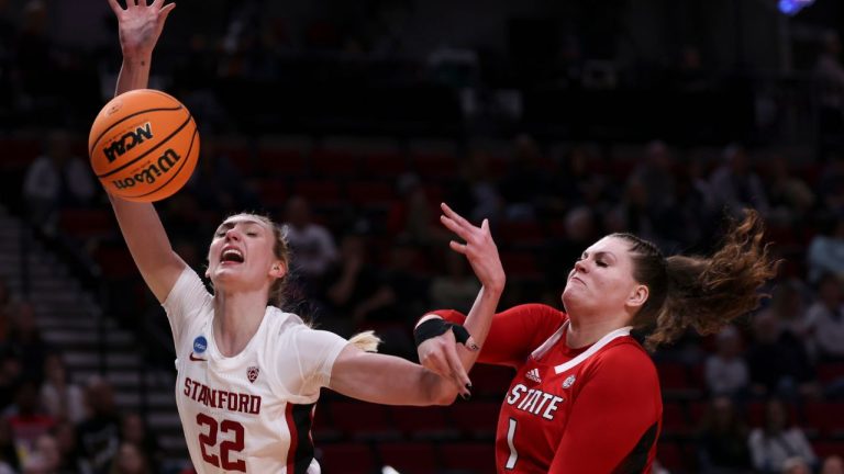 Stanford forward Cameron Brink and North Carolina State centre River Baldwin go for a rebound during the first half of a Sweet 16 college basketball game in the women's NCAA Tournament, Friday, March 29, 2024, in Portland, Ore. (Howard Lao/AP Photo)