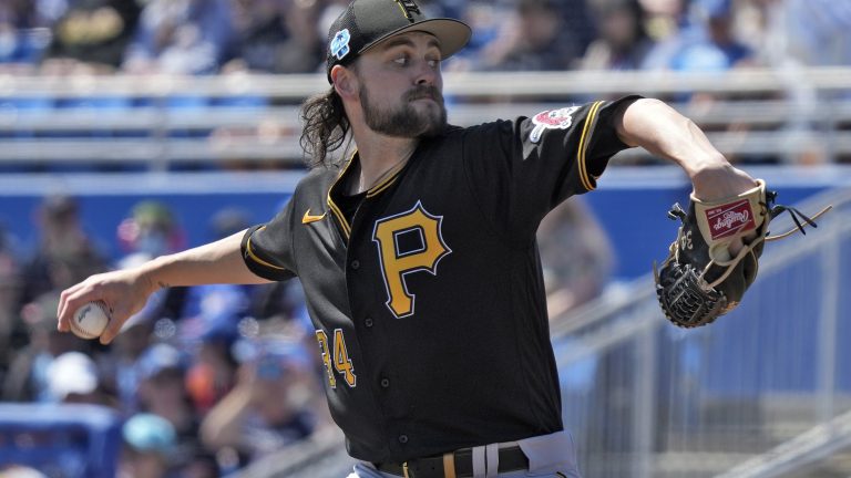 Former Pittsburgh Pirates pitcher JT Brubaker delivers to the Toronto Blue Jays during the first inning of a spring training baseball game Wednesday, March 15, 2023, in Dunedin, Fla. (Chris O'Meara/AP)