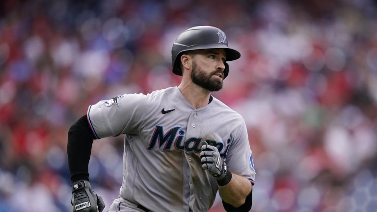 Miami Marlins' Jon Berti plays during a baseball game, Sunday, Sept. 10, 2023, in Philadelphia. (AP Photo/Matt Slocum)