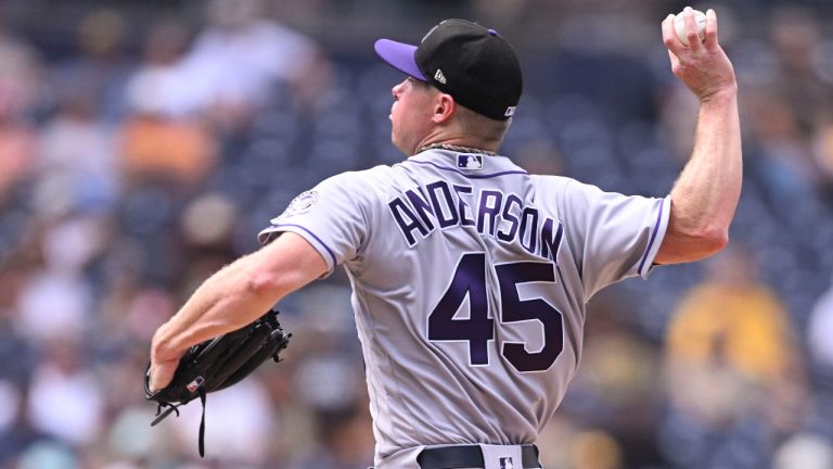 Colorado Rockies starting pitcher Chase Anderson (45) delivers during the second inning of a baseball game against the San Diego Padres Wednesday, Sept. 20, 2023, in San Diego. (Denis Poroy/AP) 