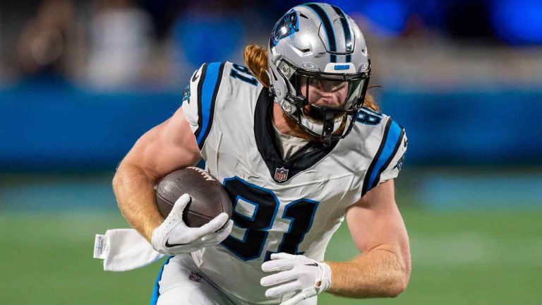 Carolina Panthers tight end Hayden Hurst (81) plays against the New Orleans Saints during an NFL football game Monday, Sept. 18, 2023, in Charlotte, N.C. (Jacob Kupferman/AP)