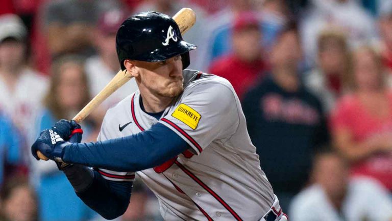 Atlanta Braves' Sean Murphy in action during Game 4 of a baseball NL Division Series against the Philadelphia Phillies, Thursday, Oct. 12, 2023, in Philadelphia. (Chris Szagola/AP)