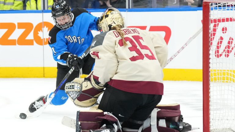 Toronto's Brittany Howard shoots on Montreal goaltender Ann-Renee Desbiens during third period PWHL hockey action, in Toronto, on Friday, February 16, 2024.THE CANADIAN PRESS/Chris Young 