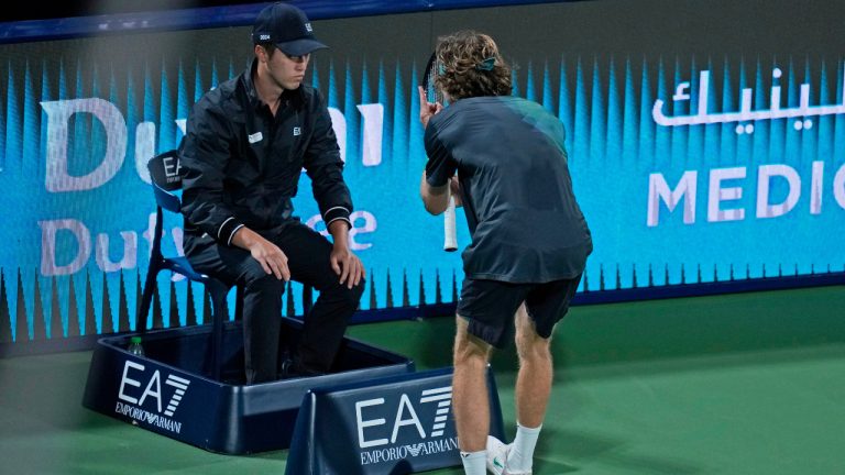 FILE - Andrey Rublev reacts in front a linesman during his semifinal match with Alexander Bublik of Kazakhstan at the Dubai Duty Free Tennis Championships in Dubai, United Arab Emirates, Friday, March 1, 2024. (Kamran Jebreili/AP)