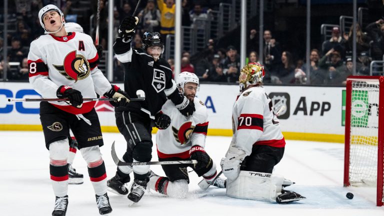 Los Angeles Kings left wing Kevin Fiala (22) celebrates his overtime gaol against the Ottawa Senators in an NHL hockey game Thursday, March 7, 2024, in Los Angeles. The Kings won 4-3. (Kyusung Gong/AP)