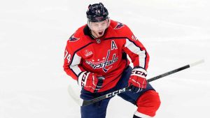 Washington Capitals defenceman John Carlson celebrates after scoring in the third period of an NHL hockey game against the Winnipeg Jets, Sunday, March 24, 2024, in Washington. (Mark Schiefelbein/AP)