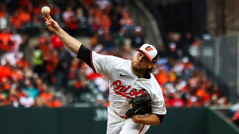 Orioles starting pitcher Corbin Burnes (39) throws during the second inning of a baseball game against the Los Angeles Angels, Thursday, March 28, 2024, in Baltimore. (Julia Nikhinson/AP)