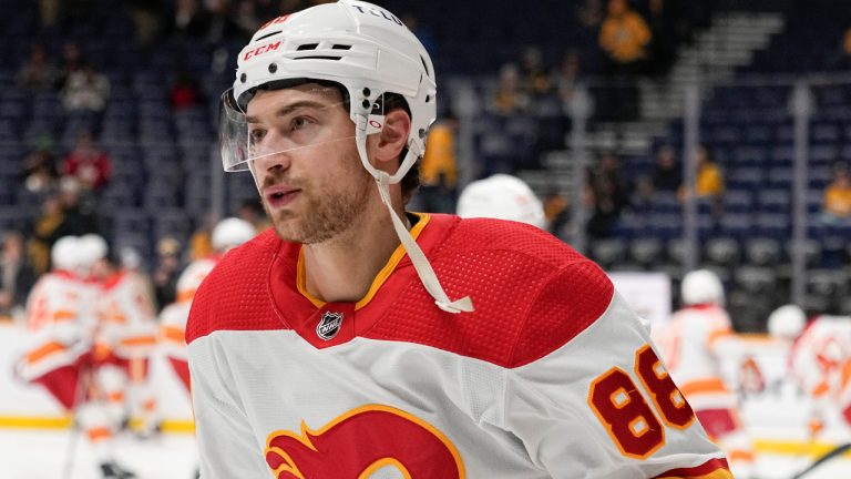 Calgary Flames left wing Andrew Mangiapane (88) warms up before the team's NHL hockey game against the Nashville Predators, Thursday, Jan. 4, 2024, in Nashville, Tenn. (George Walker IV/AP)