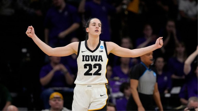 Iowa guard Caitlin Clark reacts to a turnover in the first half of a first-round college basketball game against Holy Cross in the NCAA Tournament, Saturday, March 23, 2024, in Iowa City, Iowa. (Matthew Putney/AP Photo)
