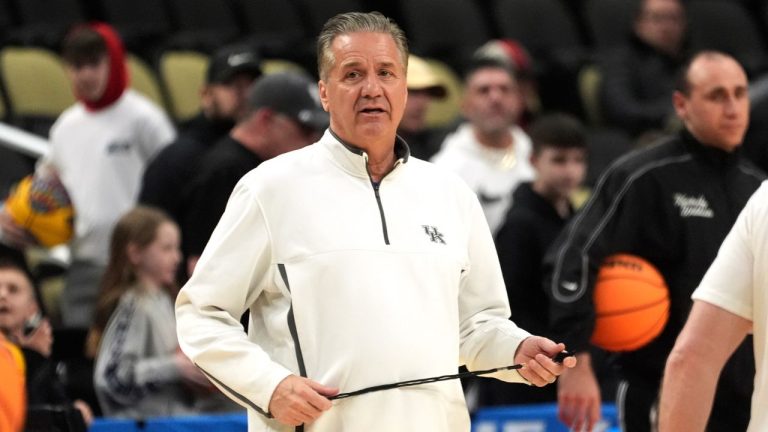 University of Kentucky head coach John Calipari watches his NCAA college men's basketball team practice at PPG Paints Arena in Pittsburgh, Wednesday, March 20, 2024. (Gene J. Puskar/AP Photo)