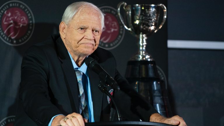 Dave Ritchie speaks at the 2022 Canadian Football Hall of Fame Induction Ceremony held at Tim Horton’s Field in Hamilton, Ont. on Friday, September 16, 2022. (Peter Power/CP)