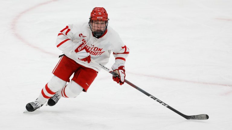 Macklin Celebrini of the Boston University Terriers skates against the Maine Black Bears during the third period during NCAA men's hockey in the Hockey East Championship semifinal at TD Garden on March 22, 2024 in Boston. (Getty Images)