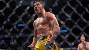 Gilbert Burns celebrates after a UFC win. (AP Photo/John Locher)