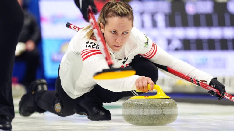 Canada's skip Rachel Homan delivers a rock during World Women’s Curling Championship action against Sweden in Sydney, N.S. on Saturday, March 16, 2024. (Darren Calabrese/AP)