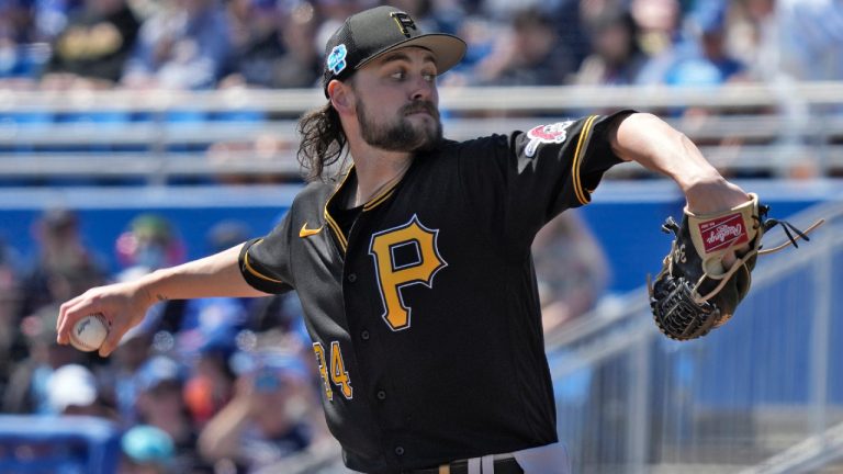 Pittsburgh Pirates pitcher JT Brubaker delivers to the Toronto Blue Jays during the first inning of a spring training baseball game Wednesday, March 15, 2023, in Dunedin, Fla. (Chris O'Meara/AP)