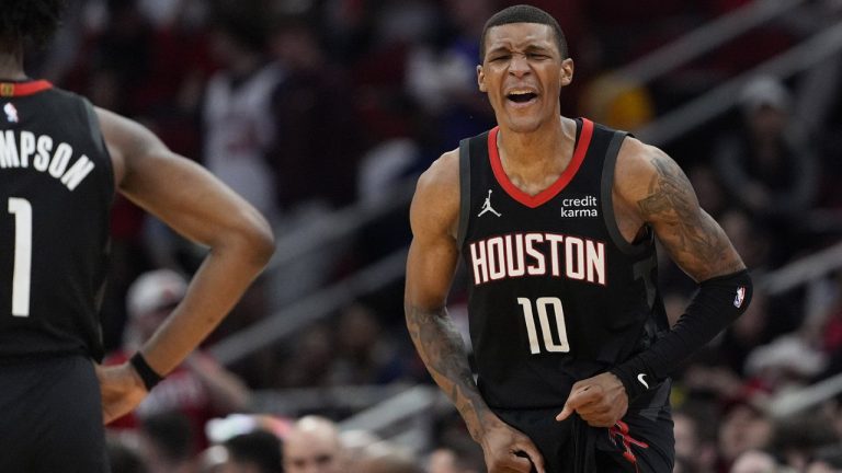 Houston Rockets' Jabari Smith Jr. reacts after getting a technical foul against the Washington Wizards during the second half of an NBA basketball game Thursday, March 14, 2024, in Houston. The Rockets won 135-119. (David J. Phillip/AP)