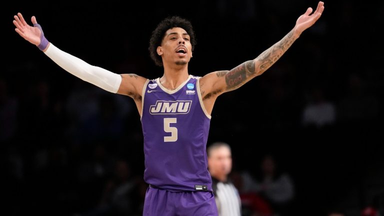 James Madison guard Terrence Edwards Jr. reacts during the second half of the team's first-round college basketball game against Wisconsin in the men's NCAA Tournament, Friday, March 22, 2024, in New York. (AP Photo/Mary Altaffer)