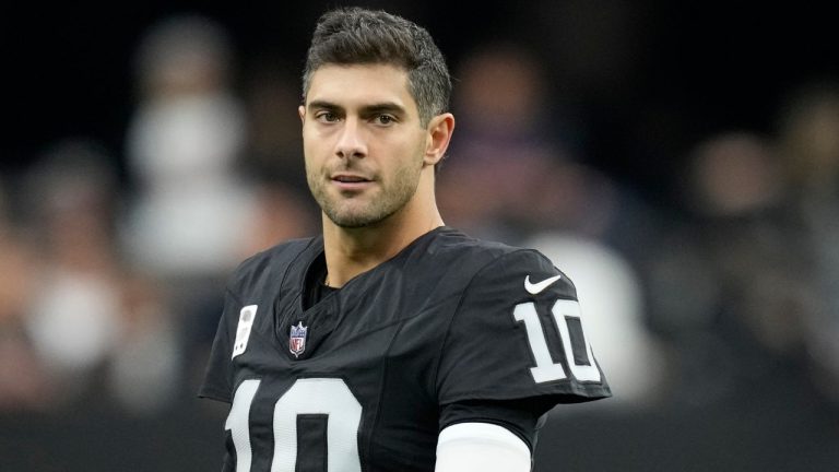 Las Vegas Raiders quarterback Jimmy Garoppolo is shown before an NFL football game against the Denver Broncos, Sunday, Jan. 7, 2024, in Las Vegas. (John Locher/AP Photo)