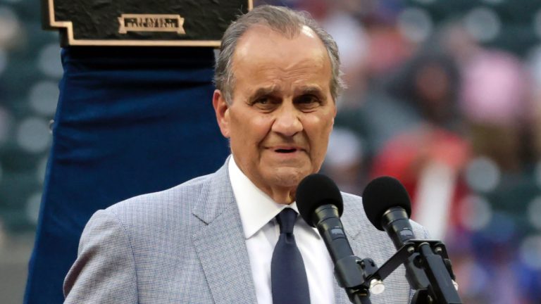 Joe Torre speaks as he is inducted into the Braves Hall of Fame before a baseball game between the Atlanta Braves and the Arizona Diamondbacks, July 30, 2022, in Atlanta. (Butch Dill/AP)
