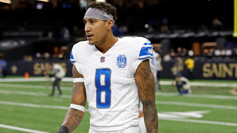 Detroit Lions wide receiver Josh Reynolds (8) warms up before an NFL football game against the New Orleans Saints, Sunday, Dec. 3, 2023, in New Orleans. (AP Photo/Tyler Kaufman)