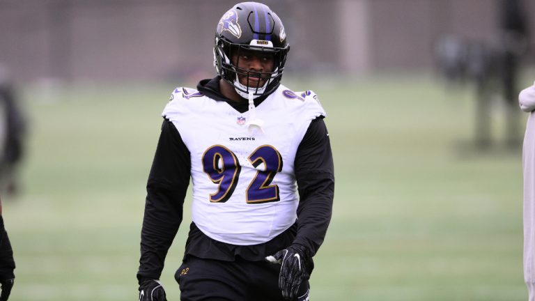 Baltimore Ravens defensive tackle Justin Madubuike (92) looks on during an NFL football practice, Thursday, Jan. 25, 2024, in Owings Mills, Md. (Nick Wass/AP)