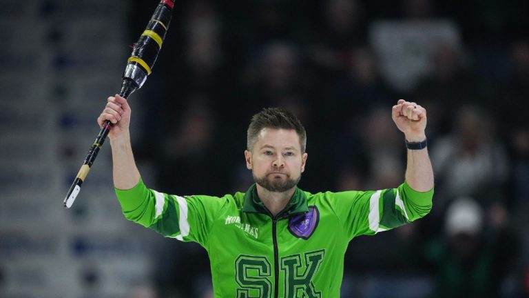 Saskatchewan skip Mike McEwen celebrates after defeating Team Manitoba-Dunstone during the playoffs at the Brier, in Regina, Saturday, March 9, 2024. (Darryl Dyck/CP Photo)